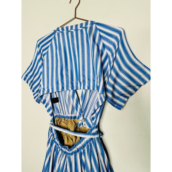 ROSIE ASSOULIN Blue White Striped Wrap Skort Side Slit V-Neckline Dress Size 6 - Picture 13 of 16